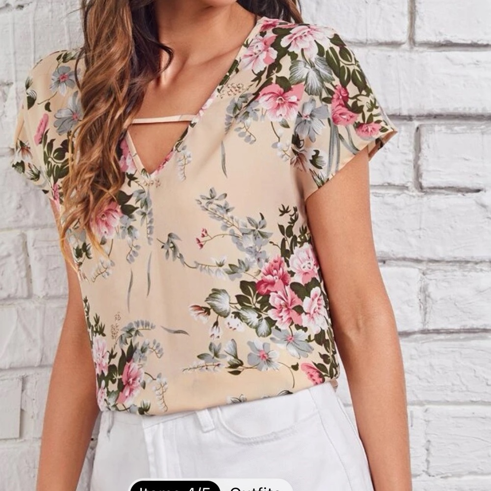 Womens S/ 4 - Keyhole Neck Batwing Sleeve Floral Print Top blouse short sleeve
